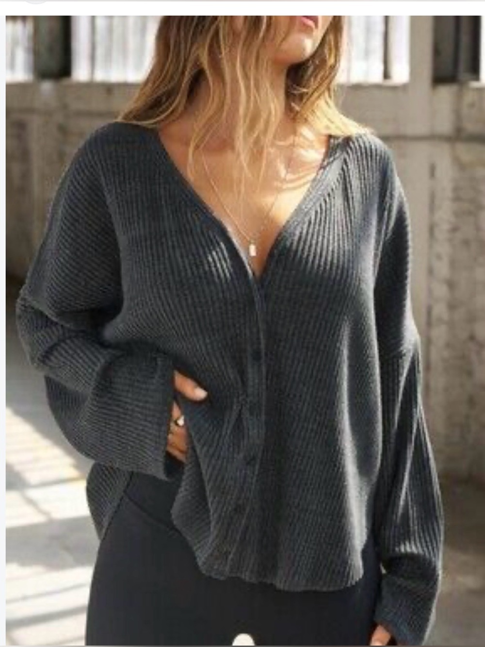 Joah Brown V-Neck Relaxed Fit Ribbed Knit Cardigan Charcoal Gray Size Medium
